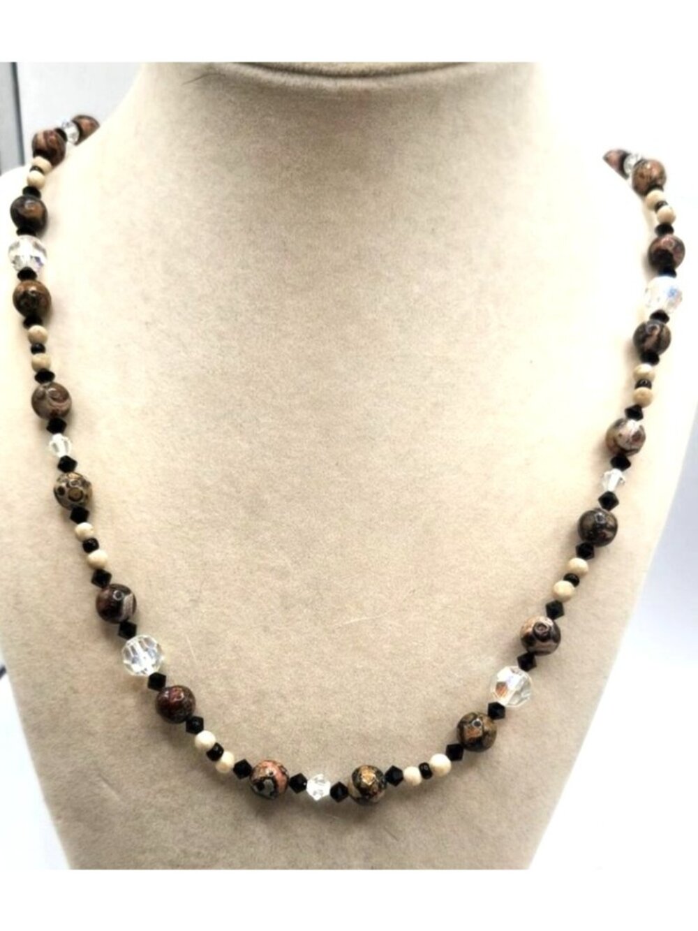 Glass & Crystal Beaded Necklace Black Beige And Gold-Tone Accents